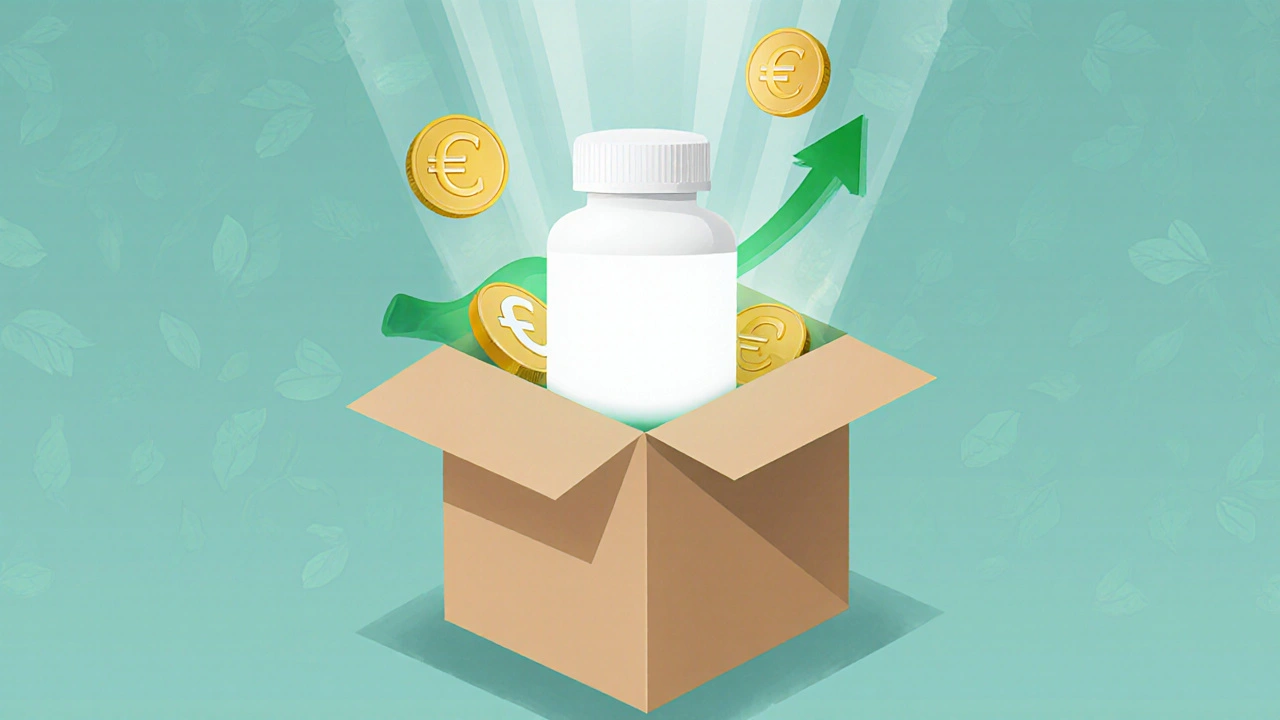 Caja de entrega abierta muestra botella de pastillas y monedas de euro, simbolizando ahorro.