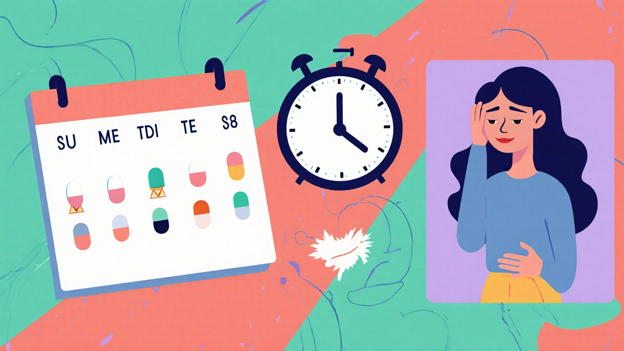 Calendario con píldoras faltantes y reloj indicando 3 horas, con síntomas en forma de formas geométricas.
