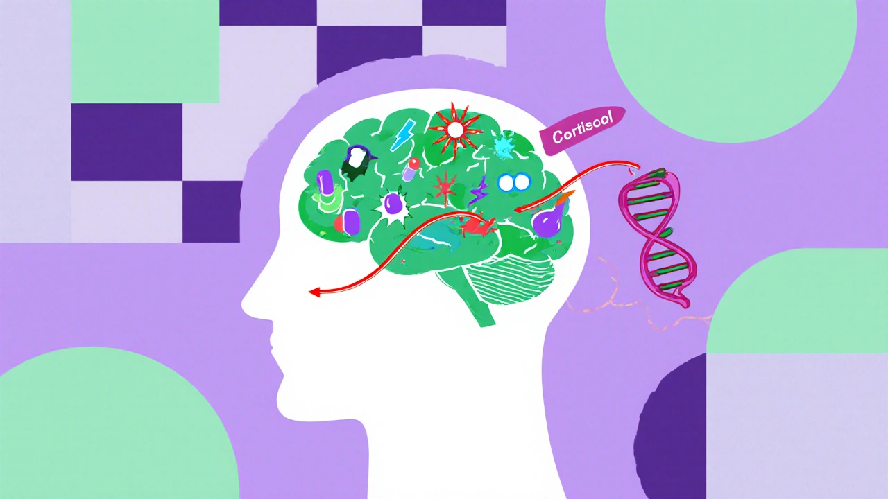 Cerebro cartoon con íconos de neurotransmisores, flecha de cortisol y cadena de ADN, sobre fondo de patrones Memphis.