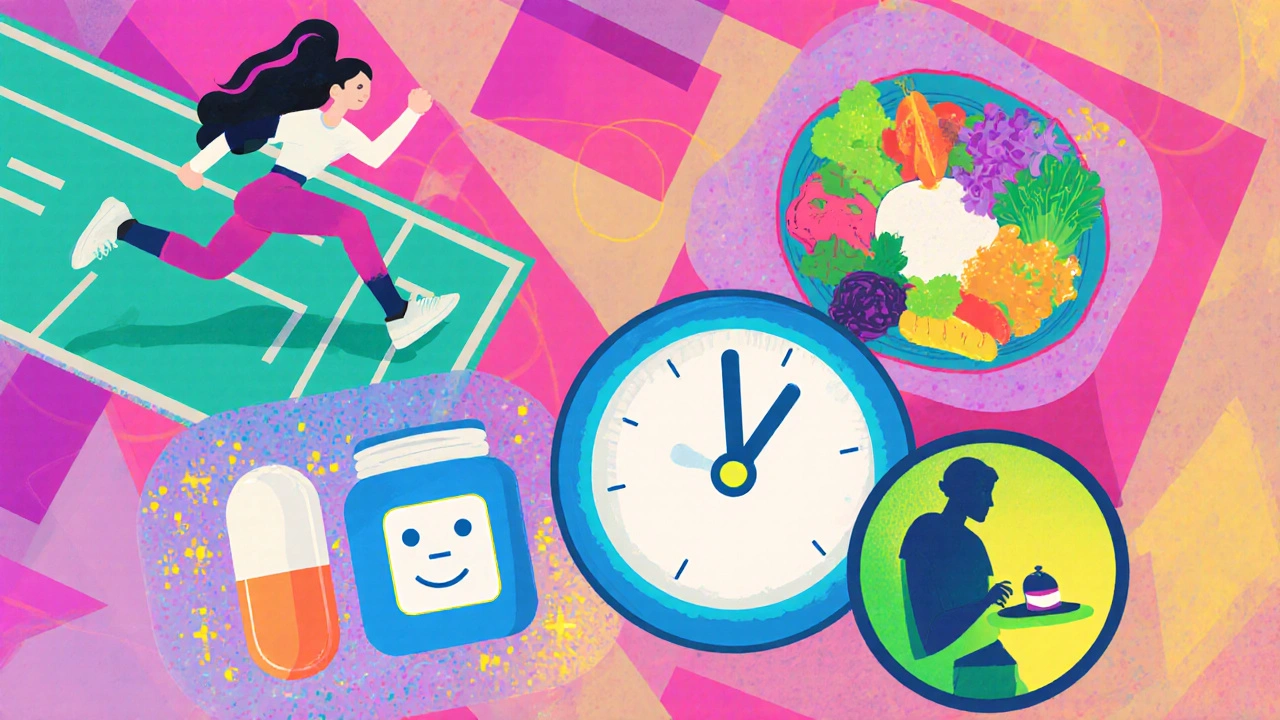 Collage cartoon muestra ejercicio, dieta equilibrada, metformina y ayuno restringido.