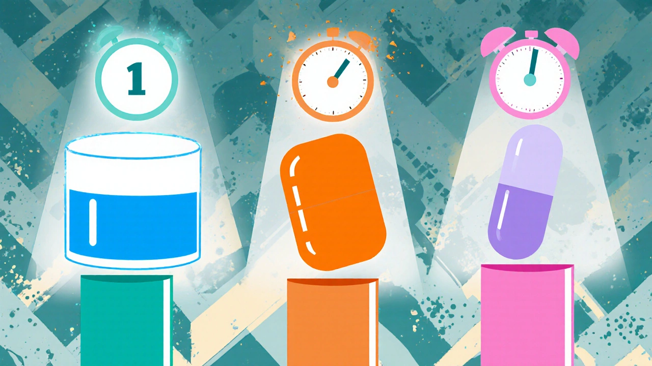 Comparación visual de gel y varias pastillas con iconos de tiempo.