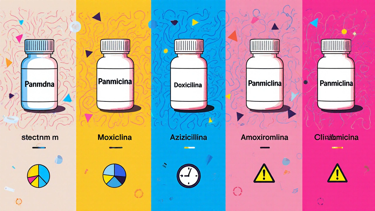 Comparación visual de Panmycin y cinco antibióticos con iconos de dosis, espectro y efectos secundarios.