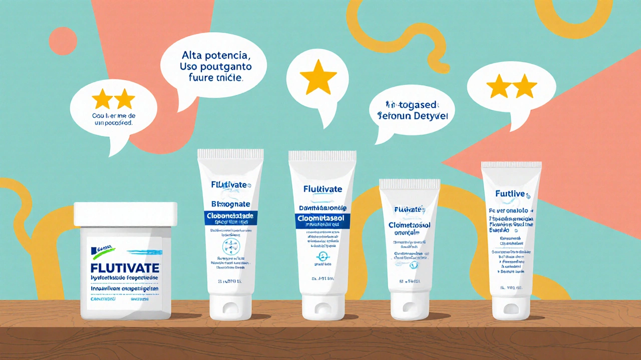 Cremas tópicas alineadas: Flutivate, Hidrocortisona, Betametasona, Clobetasol y Mometasona con símbolos de potencia.