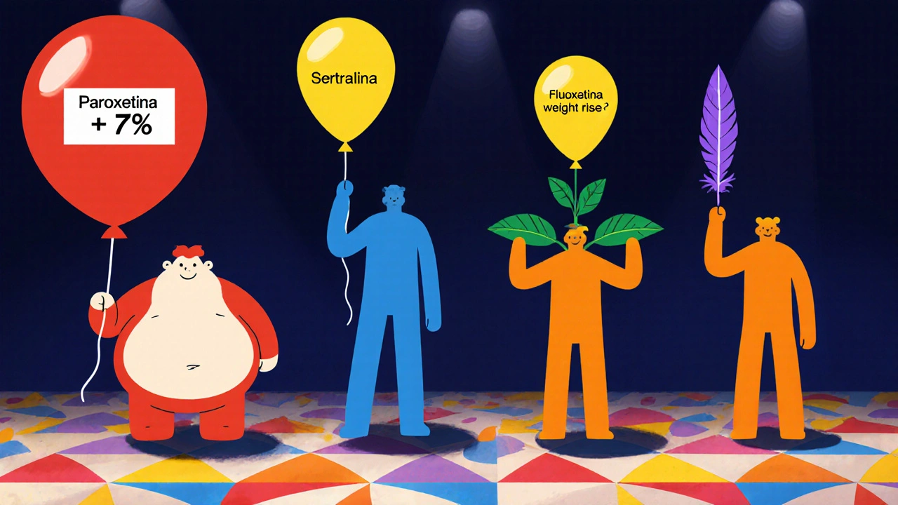 Cuatro personajes cartoon comparan efectos de peso de diferentes antidepresivos.