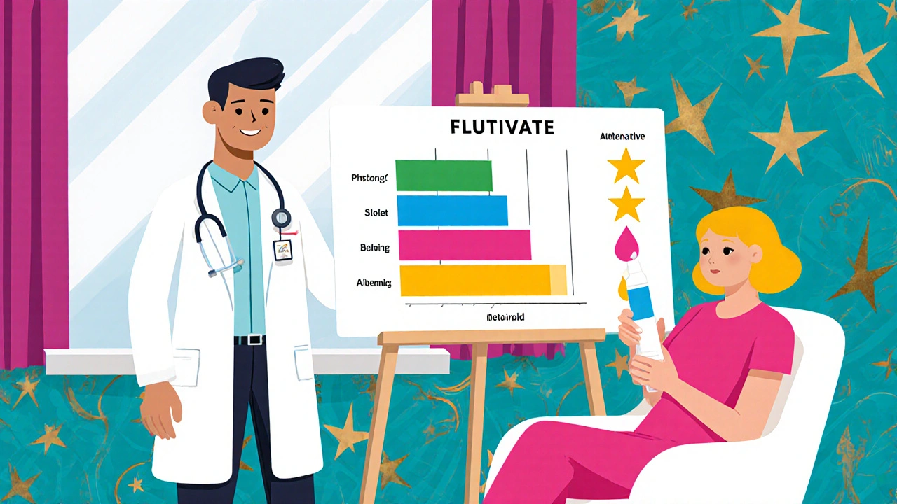 Dermatólogo y paciente revisando una tabla comparativa de cremas.