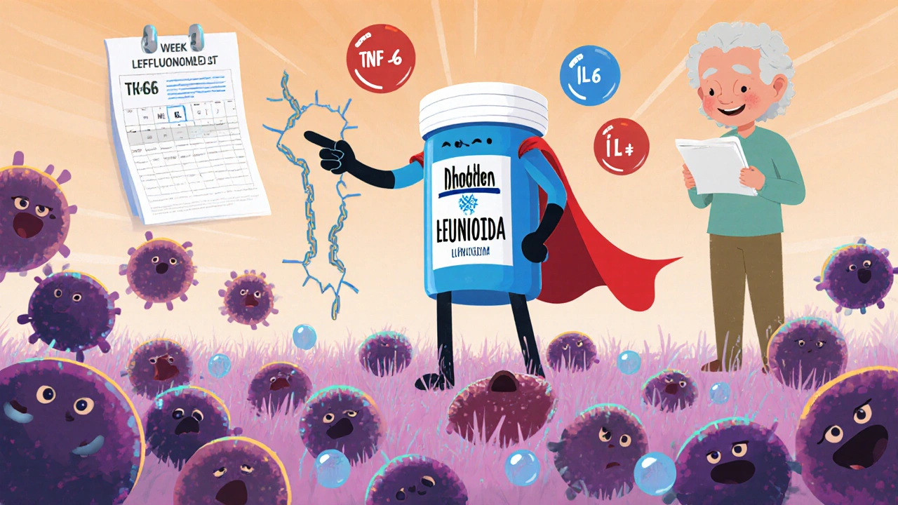 Escena de lefúnomida deteniendo células inmunes y reduciendo citoquinas, con paciente mayor revisando análisis.