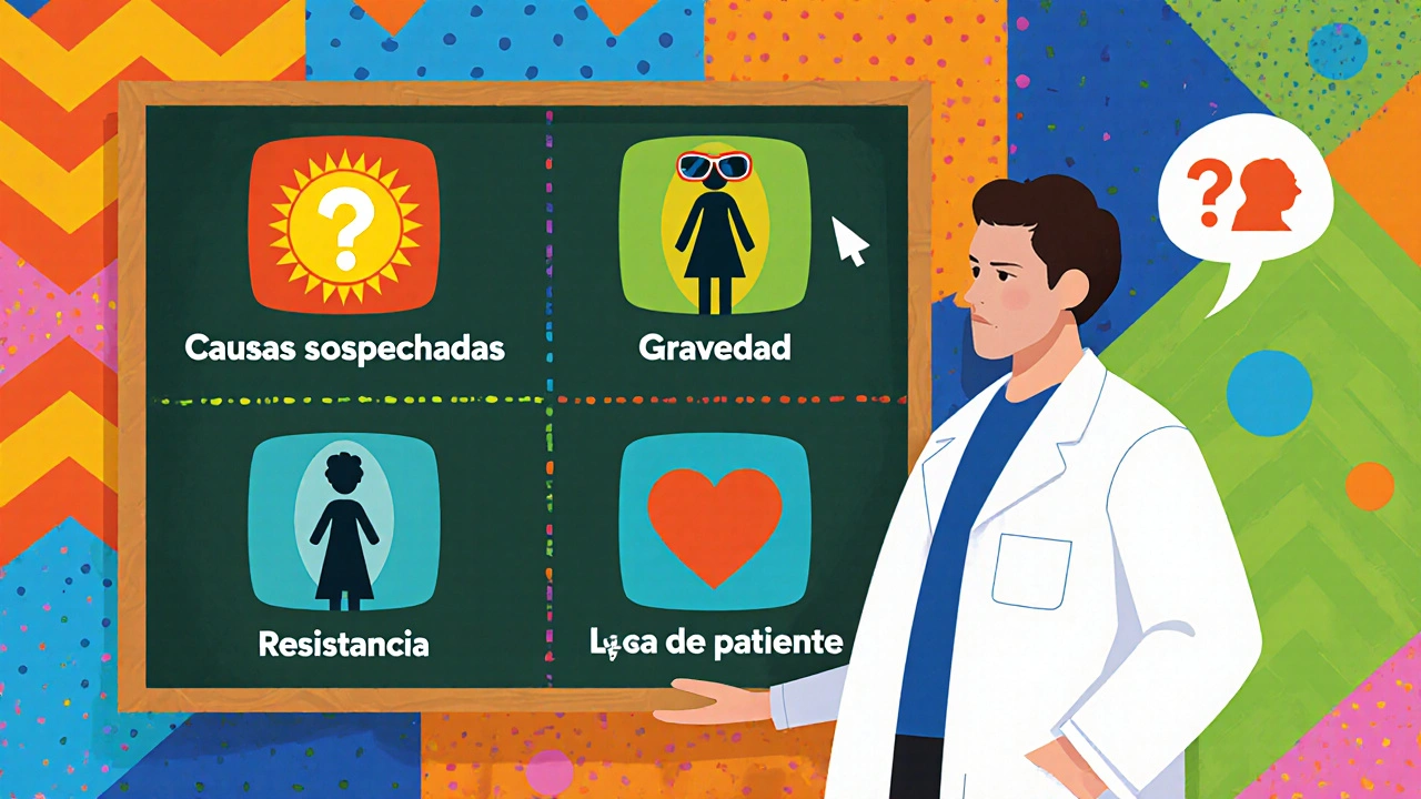 Escena de médico eligiendo antibiótico según agente causal, gravedad, resistencia y tolerancia del paciente.