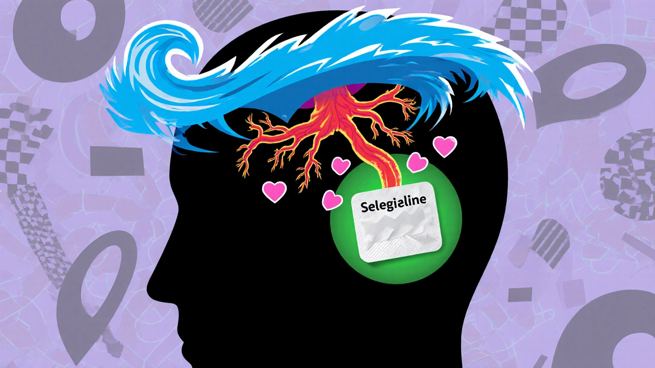 Escena de migraña con ondas corticales y nervio trigémino, mostrando la reducción de CGRP por Selegilina, estilo Memphis.