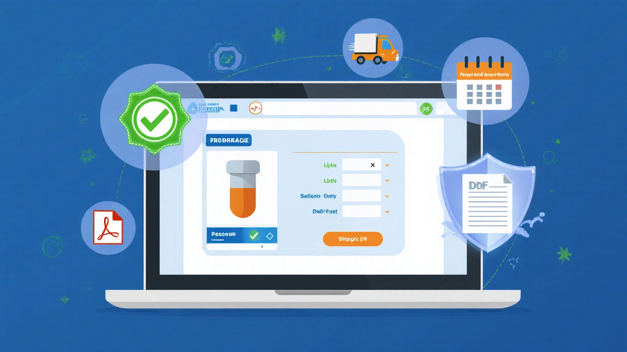 Ilustración de laptop con página de farmacia online, íconos de registro EMA y pago seguro.