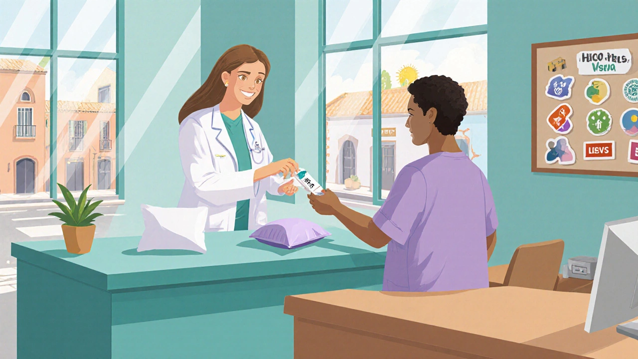 Ilustración de un centro de salud español donde se ofrecen pruebas de VIH de forma confidencial.