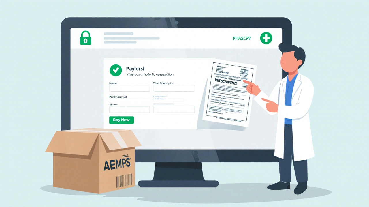 Ilustración plana de una pantalla segura de farmacia online y un farmacéutico verificando la receta.