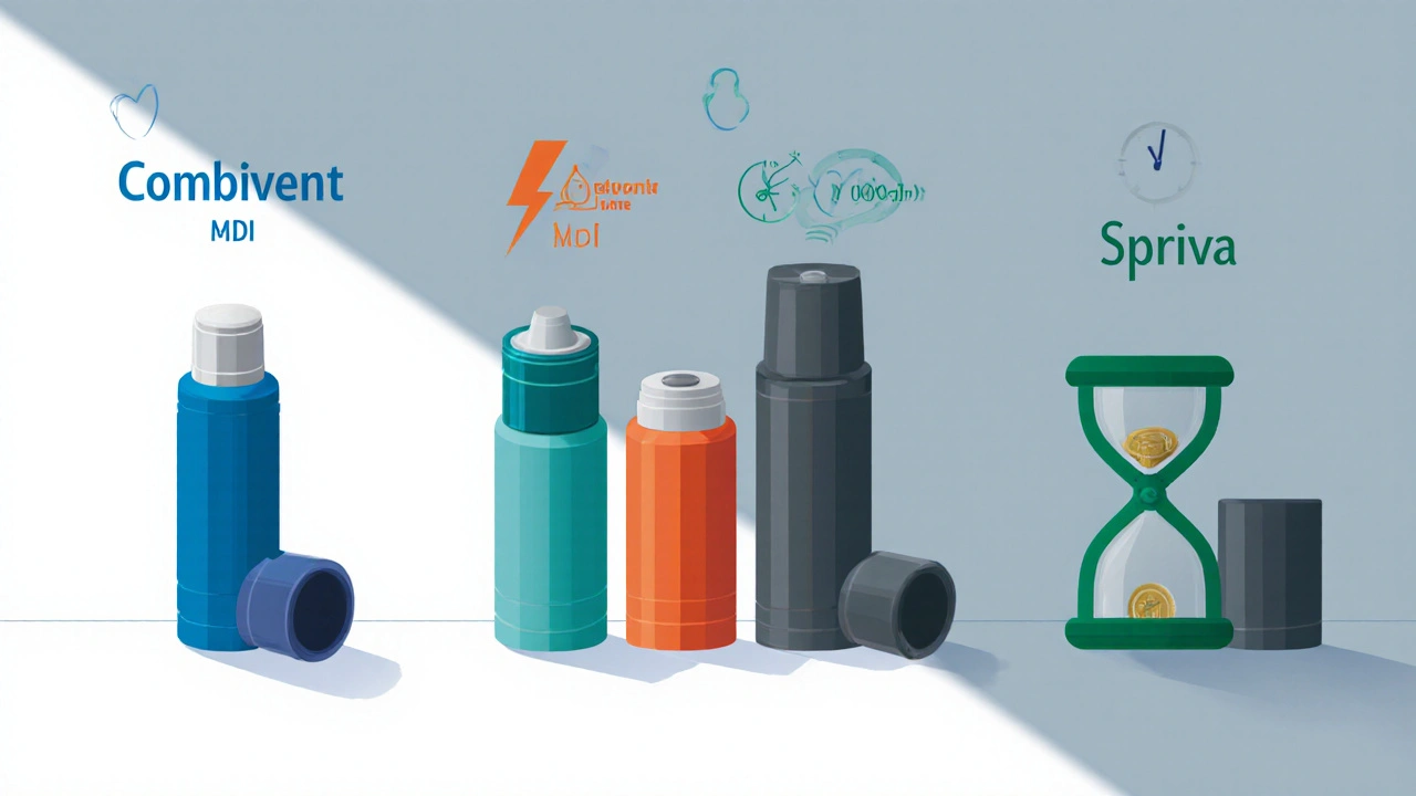 Inhaladores Combivent, Ventolin+Atrovent, Serevent y Spiriva alineados para comparar.