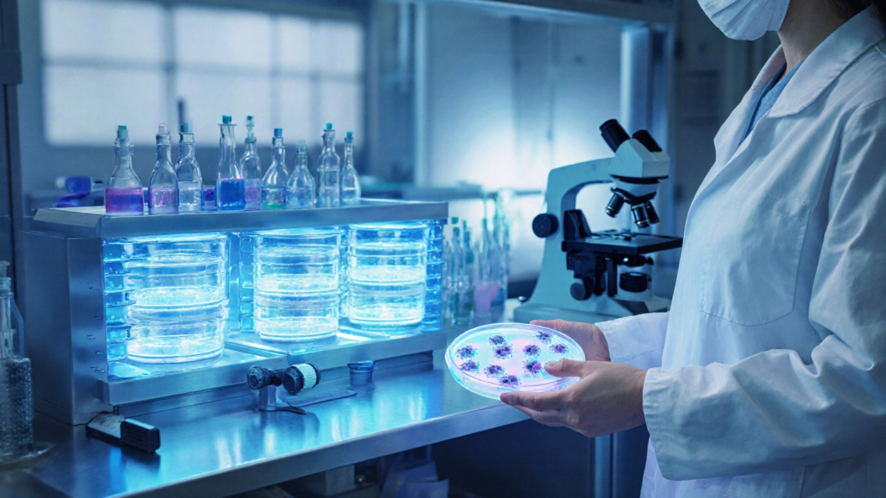 Laboratorio de fertilidad con embriones en cultivo bajo microscopio.