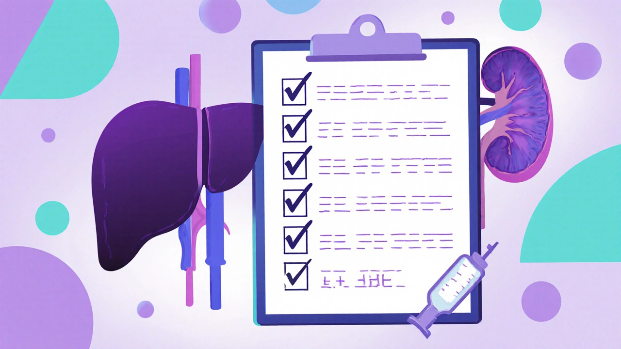 Lista de verificación de dosis y control renal con íconos estilo Memphis.