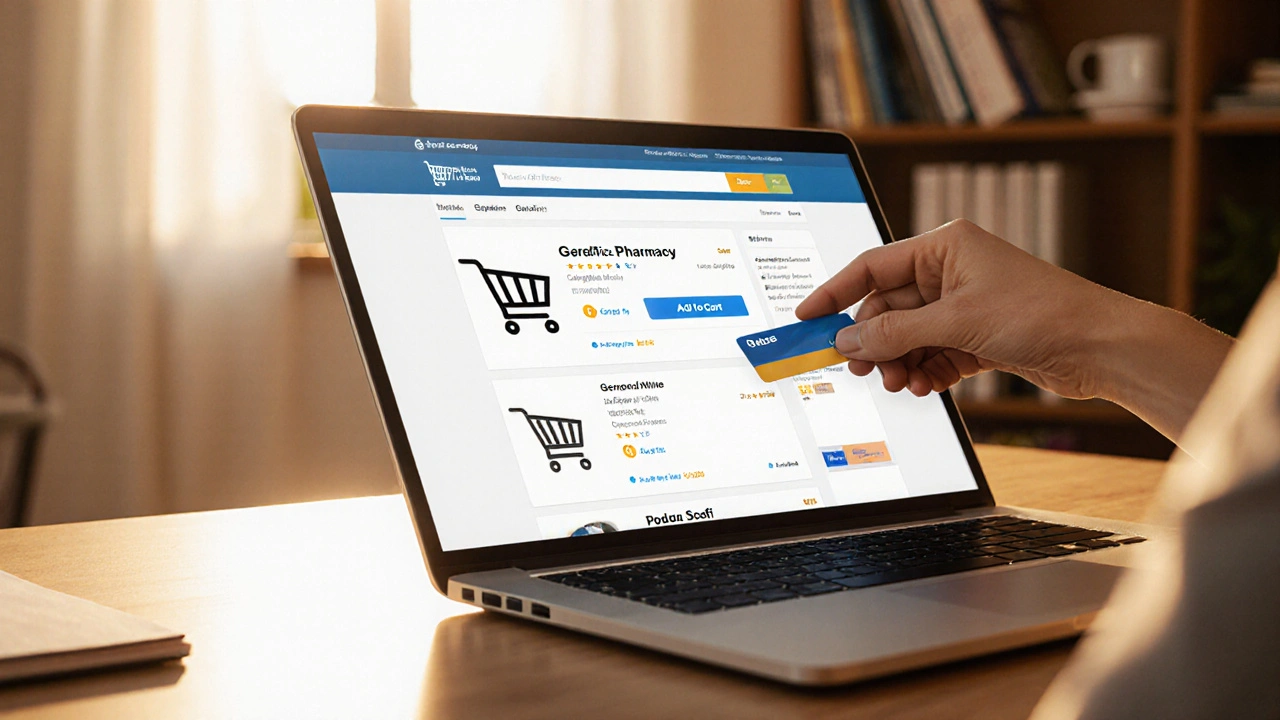 Mano con tarjeta de crédito sobre laptop que muestra carrito de compra en farmacia online.