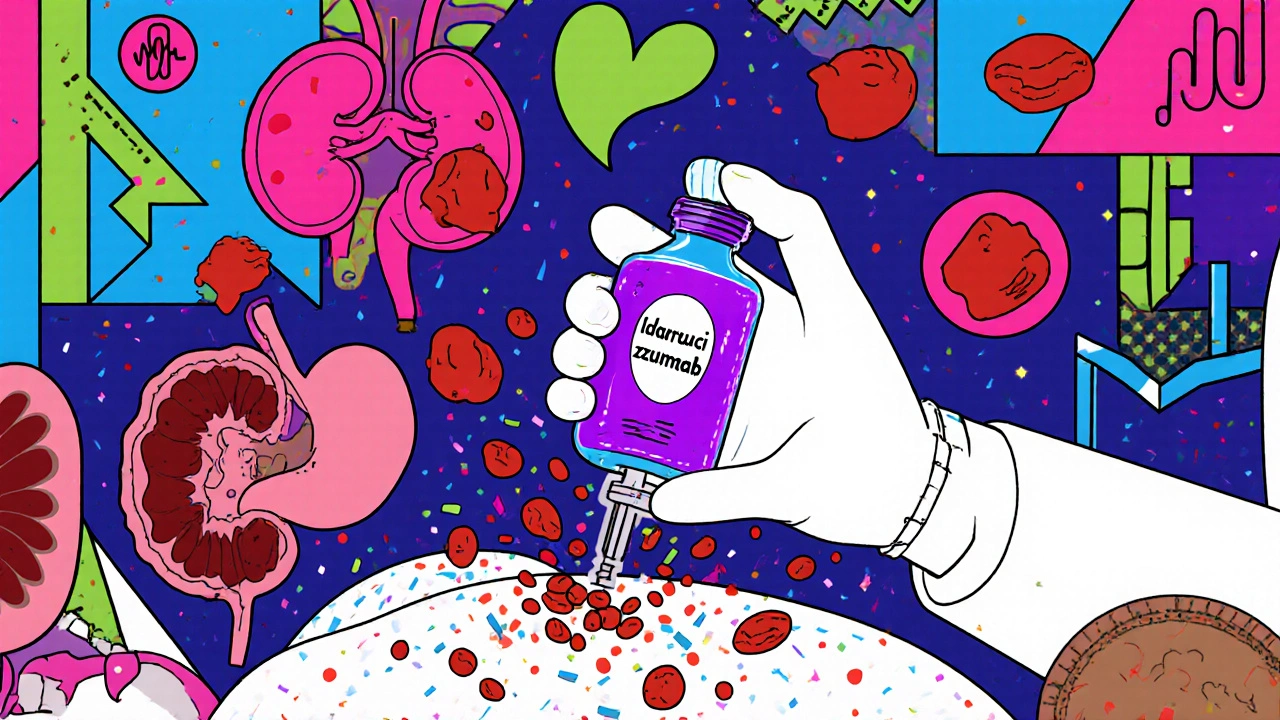 Médico aplicando antídoto en emergencia, con coágulos rompiéndose en confeti, ilustrado en estilo Memphis geométrico y colorido.