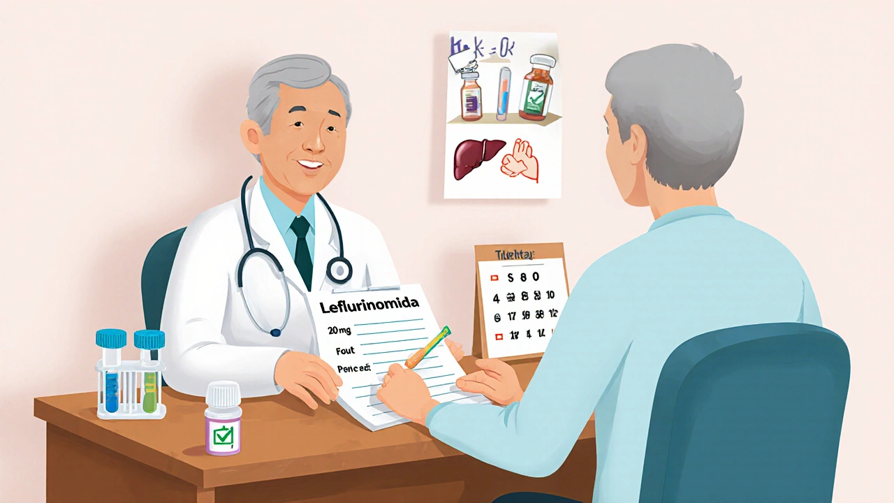 Médico y paciente mayor revisando receta de lefúnomida y plan de monitoreo hepático y visitas.