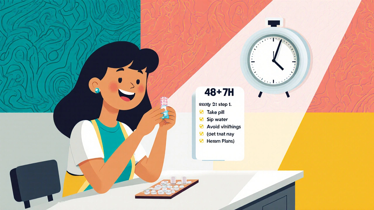 Mujer tomando la pastilla de emergencia, reloj 48‑72 h y lista de pasos.