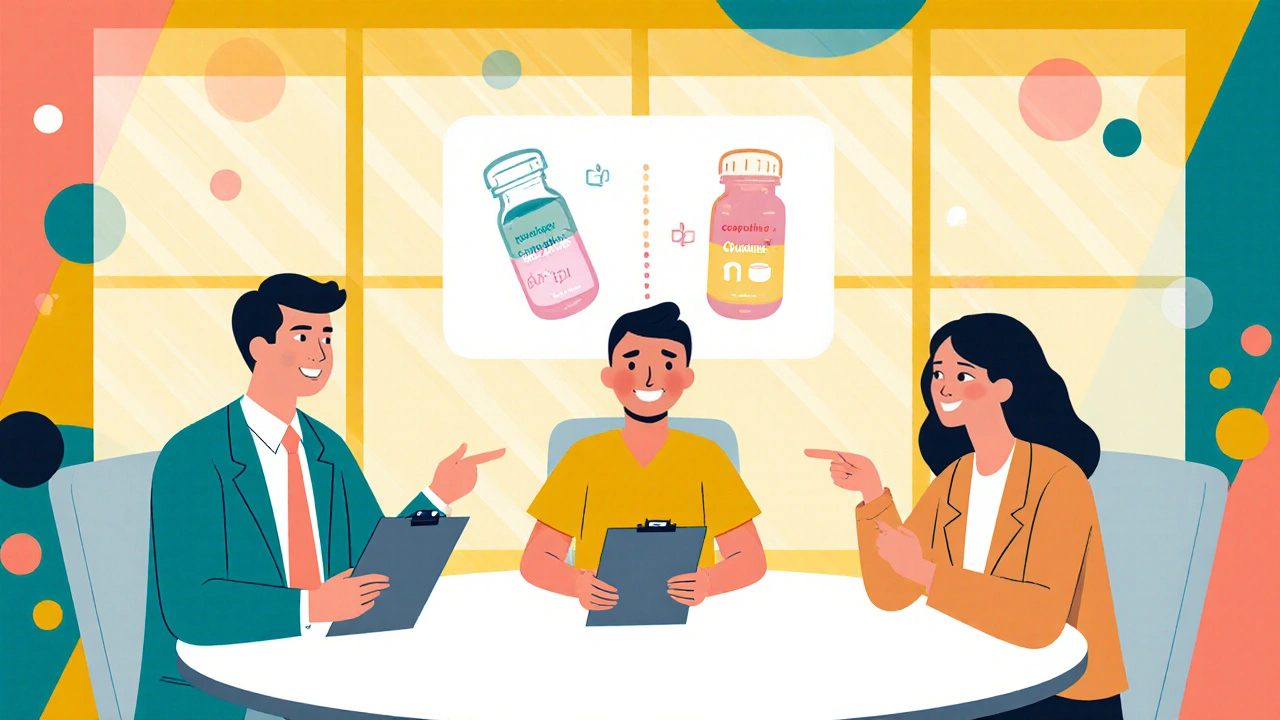 Paciente conversando con neurólogo y psiquiatra, rodeados de iconos de pastillas en estilo Memphis.