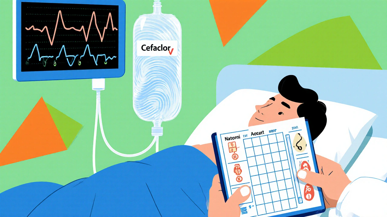 Paciente crítico recibiendo Cefaclor por vía intravenosa con monitor y motivos Memphis.