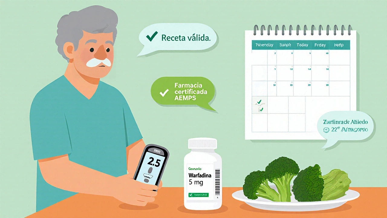 Paciente revisa su INR en casa junto a botella de Coumadin genérico y plan de comidas.