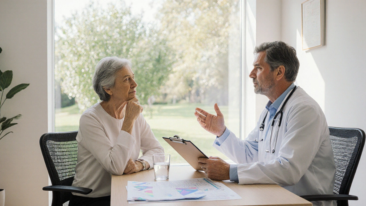 Paciente y médico discutiendo opciones de tratamiento en una clínica luminosa.