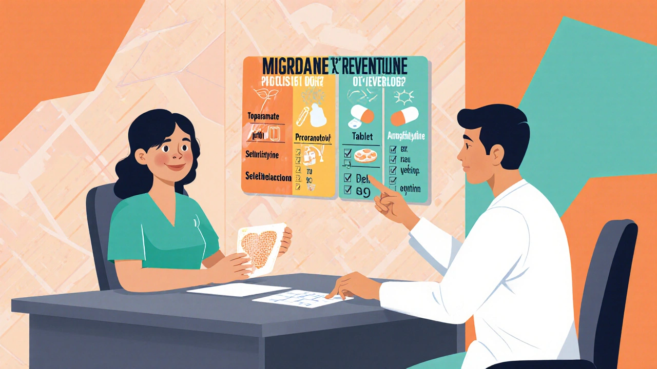 Paciente y médico revisando opciones de prevención de migraña, destacando Selegilina en forma de parche, estilo Memphis.