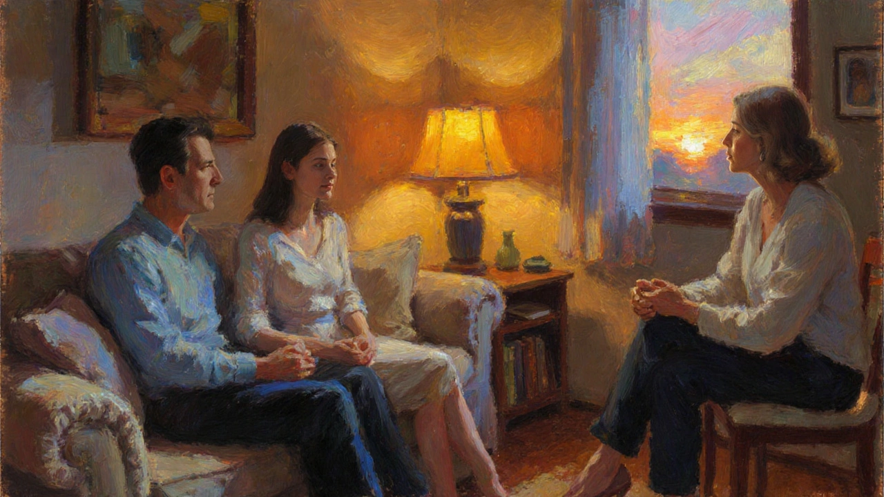 Pareja conversando con psicólogo en una sala acogedora, símbolo de apoyo emocional.