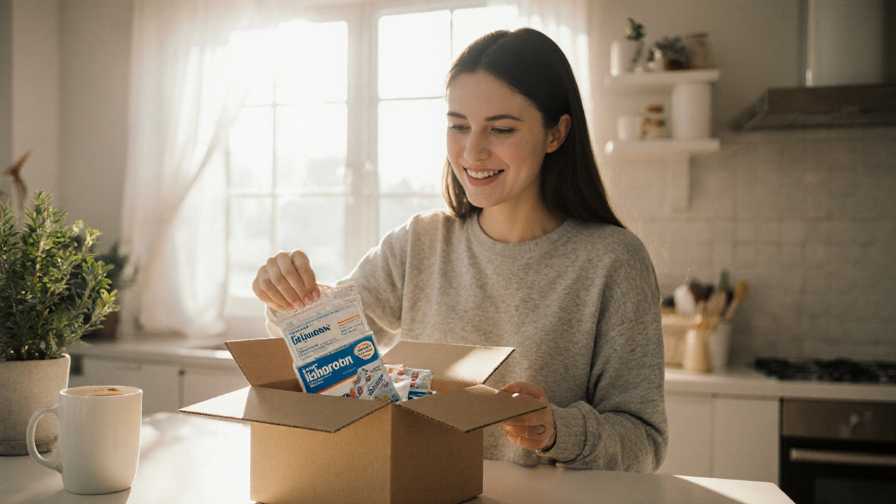 Persona abre paquete con ibuprofeno genérico en cocina iluminada, muestra satisfacción.