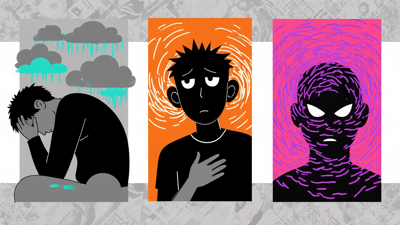 Persona en tres paneles mostrando depresión, ansiedad y alucinaciones con colores contrastantes.