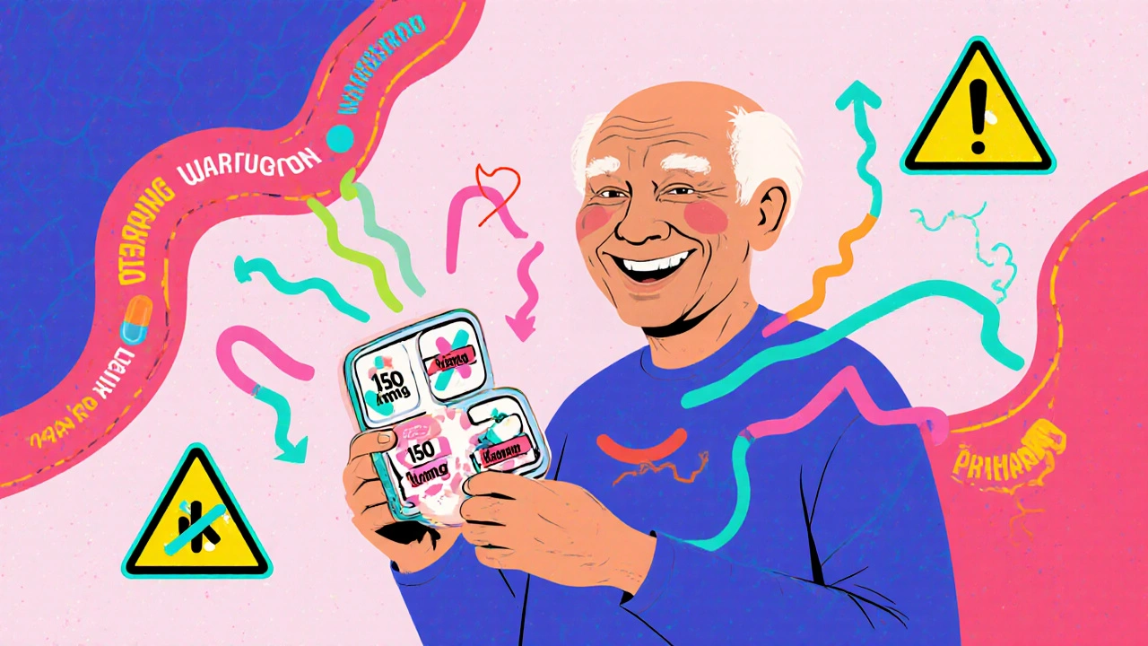 Persona mayor con organizador de pastillas y flujo sanguíneo simplificado, en estilo Memphis con formas geométricas y colores vibrantes.