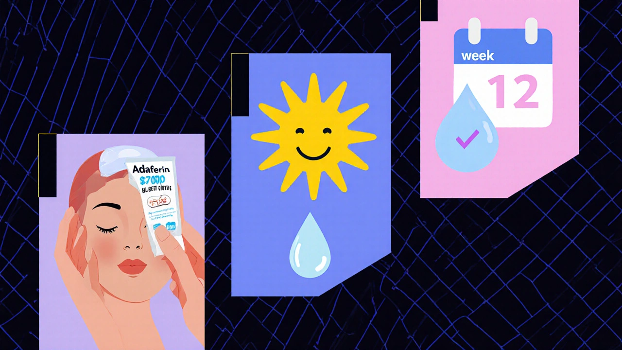 Rutina nocturna de retinoide, seguido de protector solar, hidratación y calendario de 12 semanas.