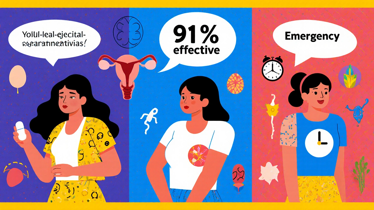 Tres mujeres con métodos anticonceptivos distintos, ilustradas en patrones geométricos coloridos.