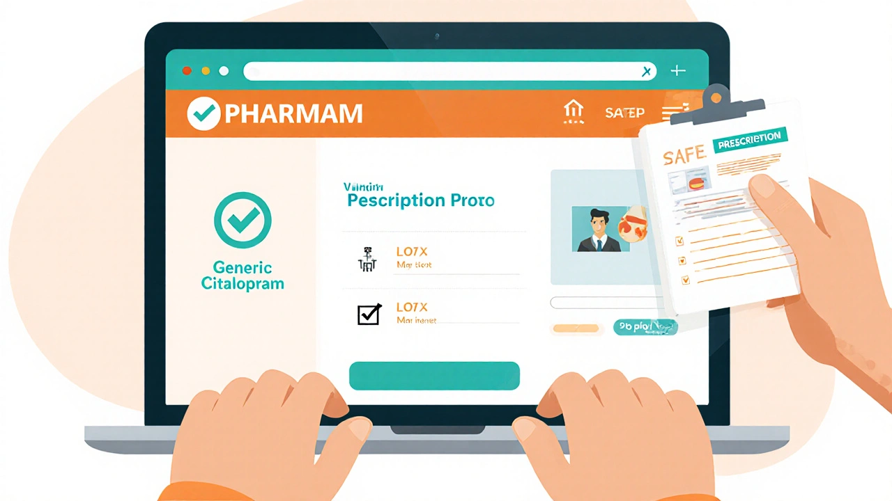 Usuario revisa una farmacia online en laptop, con lista de verificación al lado.