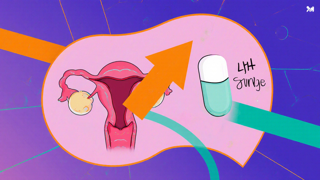 Vista estilizada del ovario con flecha LH bloqueada por la pastilla EE + levonorgestrel.