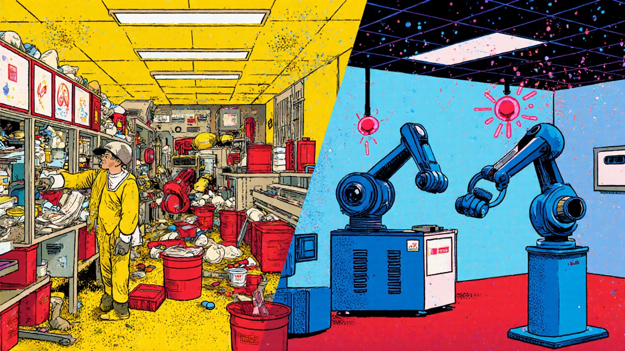 Comparación entre línea de producción desordenada y sala limpia con codificación por colores.