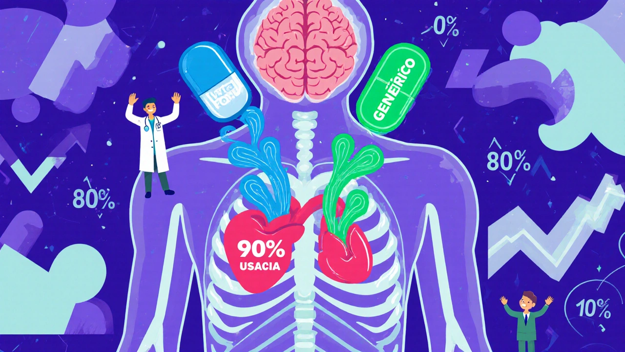 Cuerpo humano con pastillas disolviéndose en ondas de energía idénticas, mostrando equivalencia terapéutica.