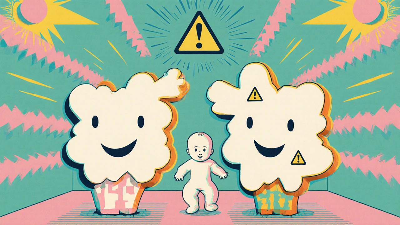 Dos moléculas idénticas: una segura y otra causando malformaciones, en estilo Memphis con colores pastel.