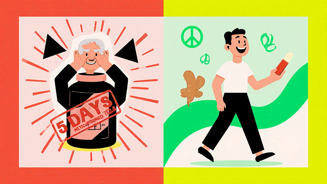 Escena dividida: persona mayor con temblores por metoclopramida vs. misma persona libre con jengibre y vitamina B6 en estilo Memphis.