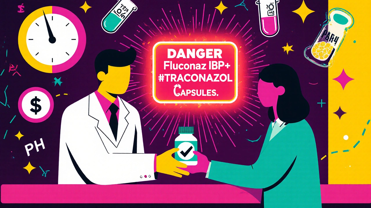 Farmacéutico entrega fluconazol seguro, advertencia roja y símbolos de interacción peligrosa en estilo Memphis.