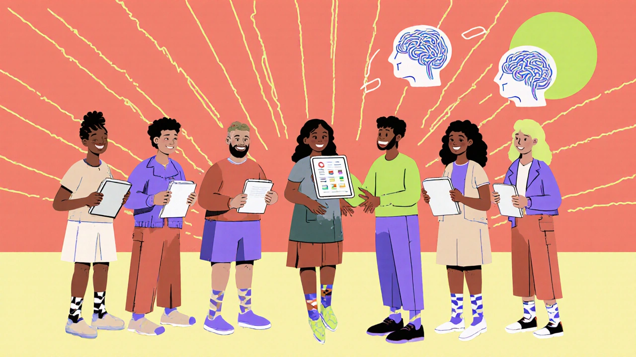 Grupo de personas apoyándose mutuamente con diarios y gráficos de progreso en estilo Memphis.