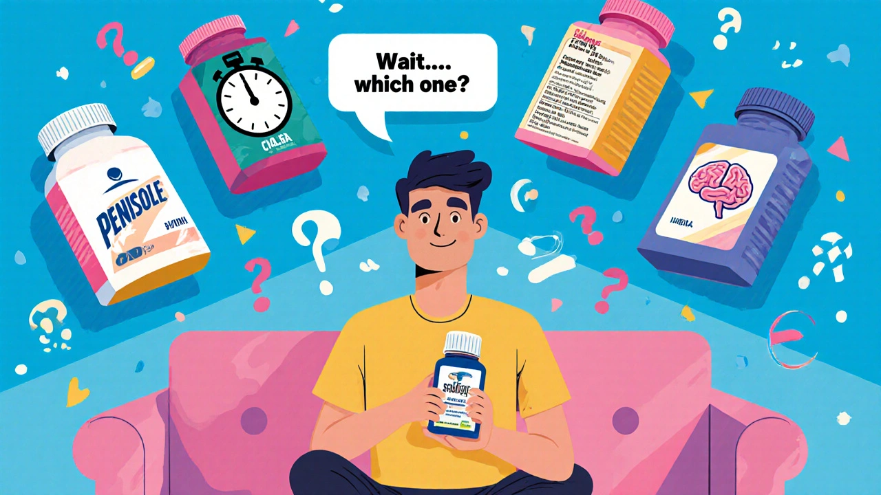 Hombre dudando entre Penisole y alternativas en un diseño gráfico estilo Memphis con íconos abstractos.