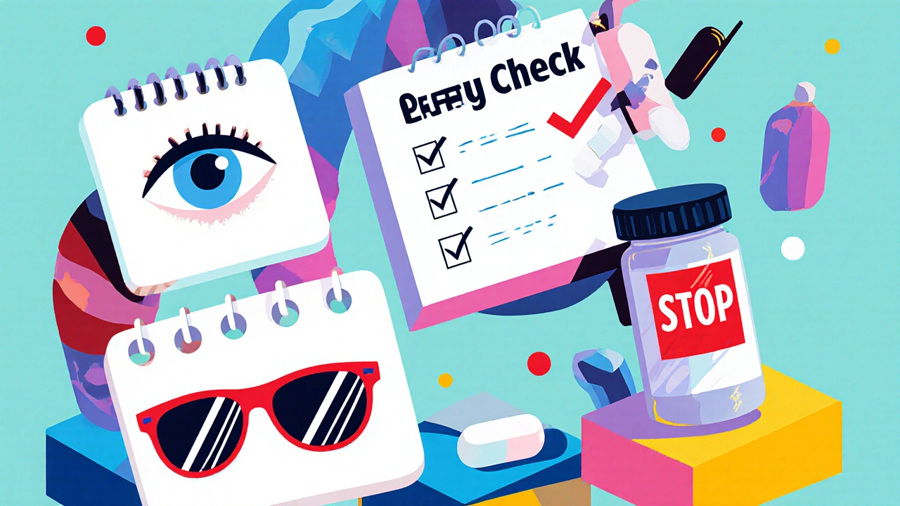 Lista de prevención visual con exámenes oculares, gafas y píldoras en estilo Memphis.