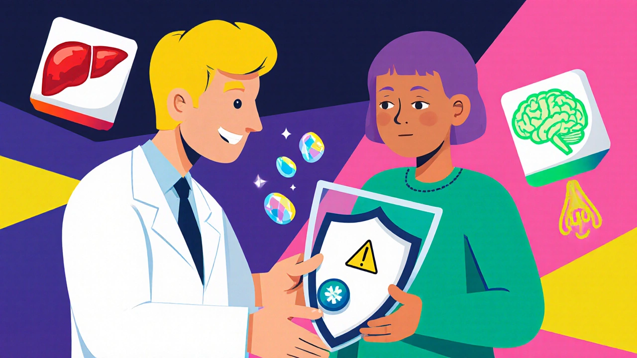 Médico entrega un monitor de glucosa mientras medicamentos se comparan en colores vibrantes.