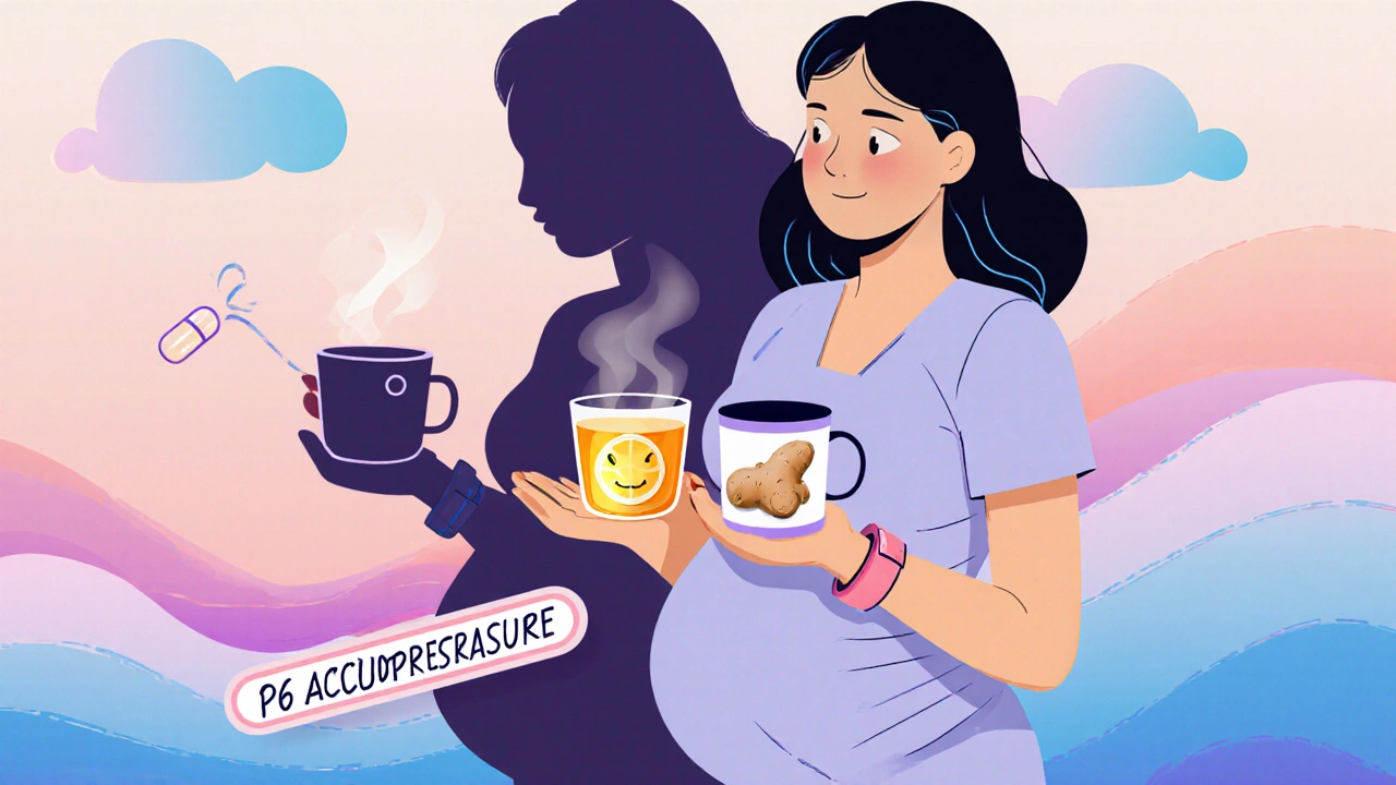 Mujer embarazada con opciones seguras: vitamina B6, té de jengibre y pulsera de acupresión, mientras la metoclopramida se desvanece.