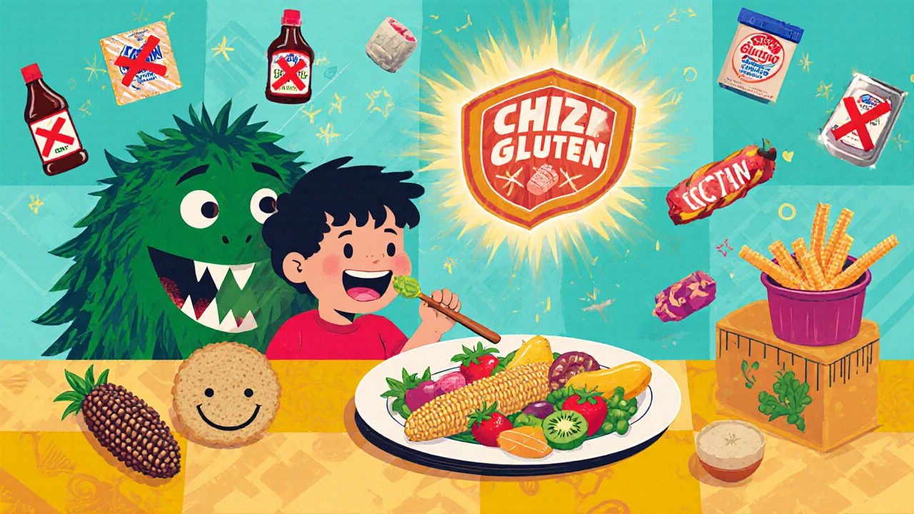 Niño comiendo comida sin gluten mientras monstruos de gluten son expulsados por un escudo brillante en cocina colorida.