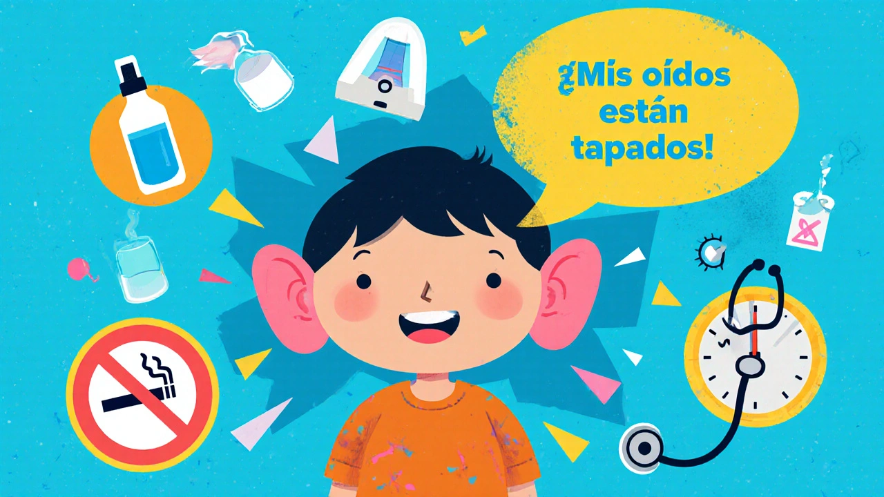 Niño con oídos grandes rodeado de íconos de prevención: humidificador, spray salino y tubo de ventilación en estilo Memphis.