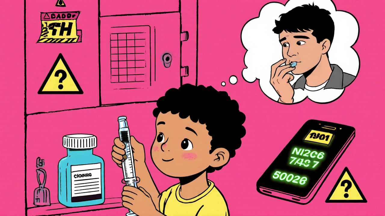 Niño usando una jeringa oral para medir medicina, con un armario cerrado con llave al fondo.