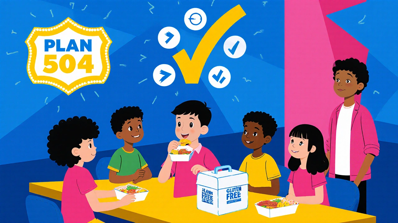 Niños en cafetería escolar, uno con su almuerzo sin gluten y un emblema de &#039;Plan 504&#039; brillando sobre ellos.