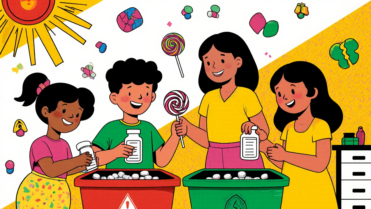 Niños en clase clasificando pastillas y caramelos en contenedores de colores durante un juego educativo.